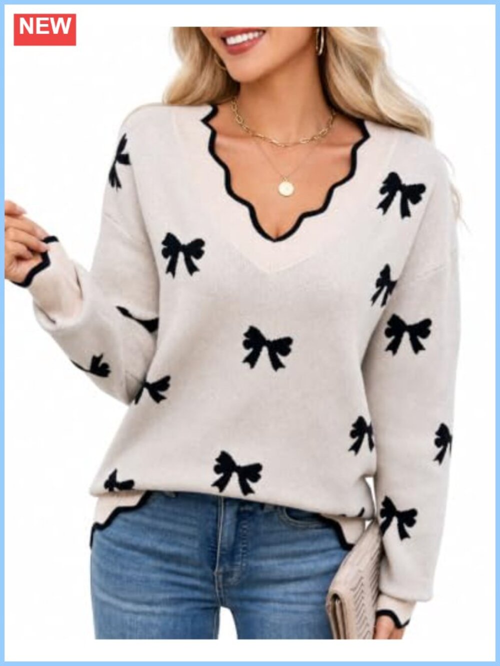 Womens V Neck Long Sleeve Knit Sweater Pullover Scalloped Neck
